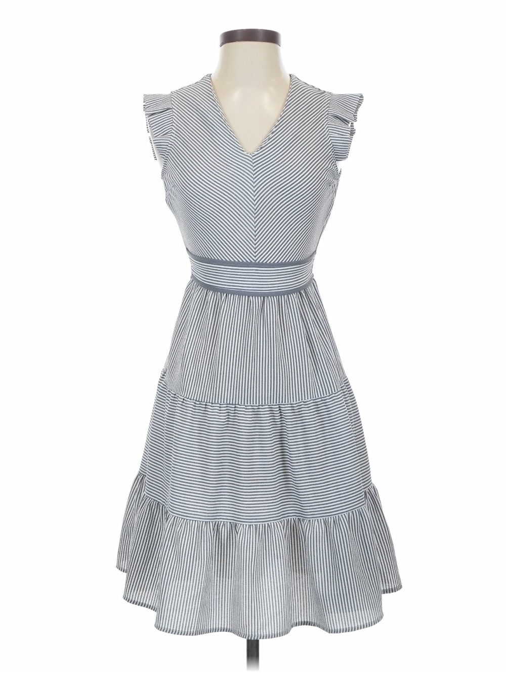 Monteau Gray/White Striped V-Neck Ruffle Sleeve Midi Dress - size L